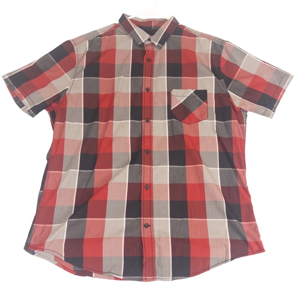 Tony Hawk Mens XXL Red Grey Black Plaid Short Sleeve Button Down Shirt Pocket